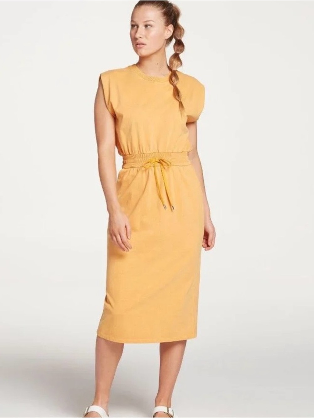 Calia Journey Extended Shoulder Midi Dress Glowing Umber Waist Tie Sm Oversized